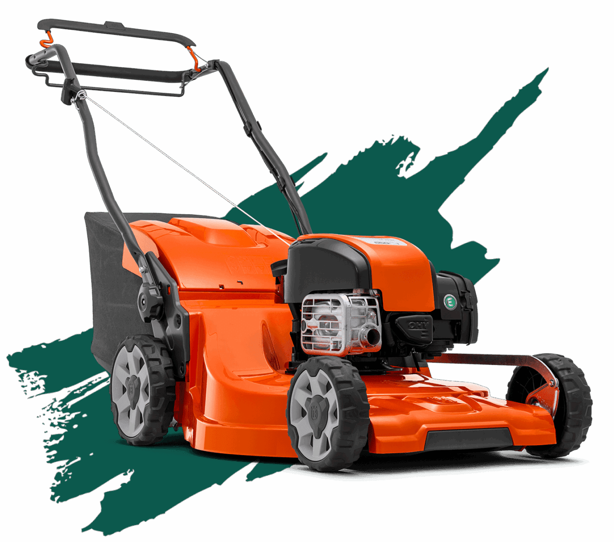 An orange gas-powered lawn mower with black wheels and handle.