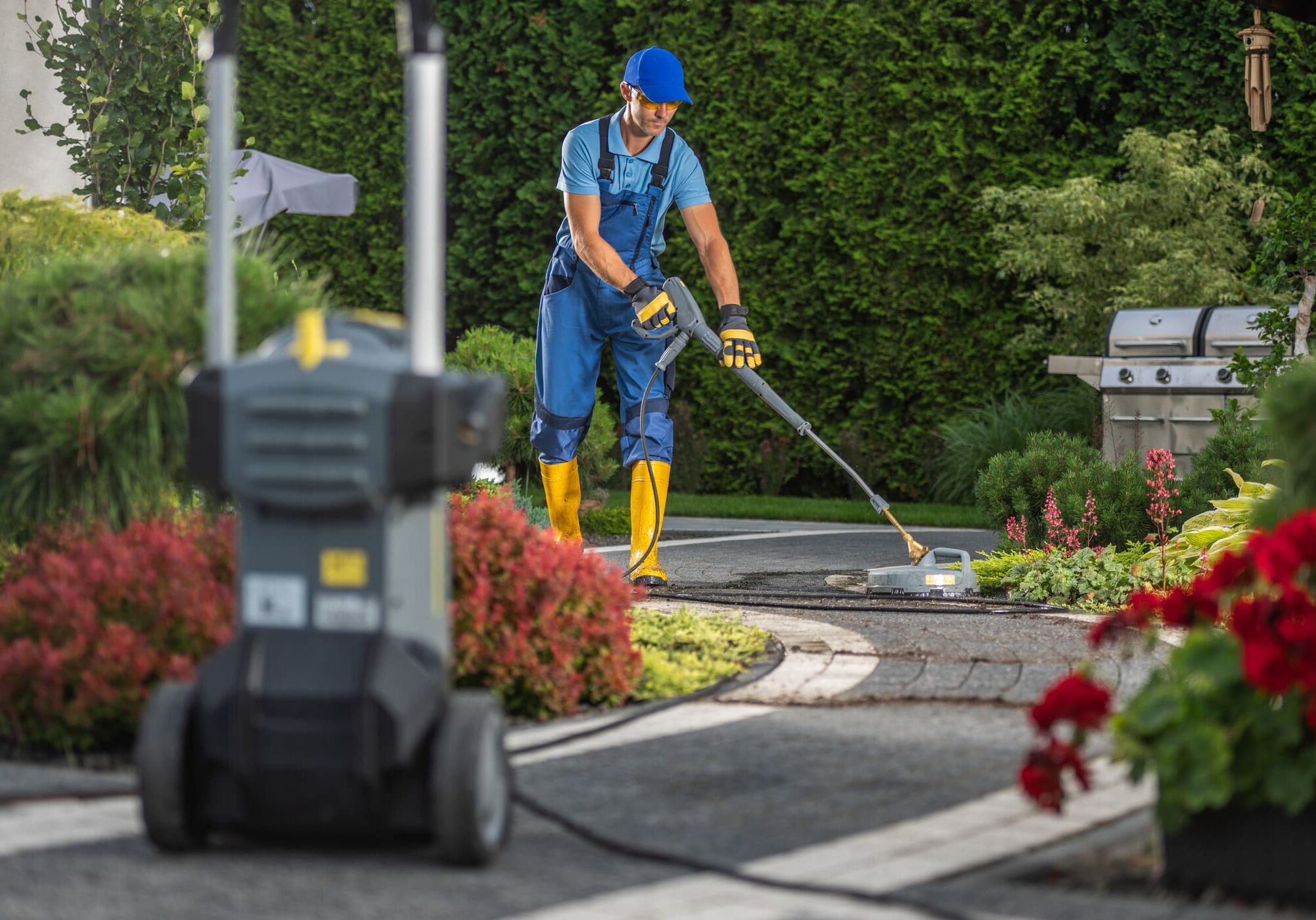Worker pressure washing a garden pathway.